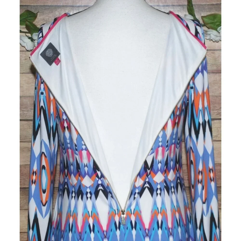 Vince Camuto Long Sleeve Geo Print Shift Dress Size 8 Office Career Bold Color